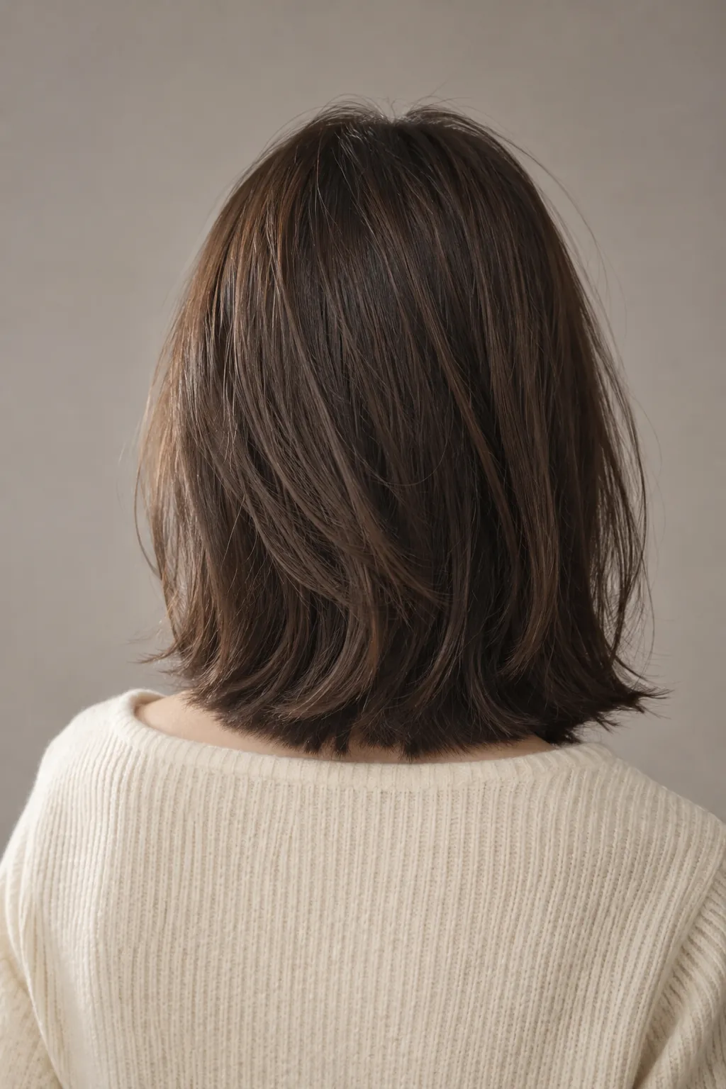 끝이 뭉툭한 어깨 길이 머리, 뒷모습